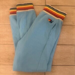 Aviator Nation EUC/GUC pocket sweats, light blue and thick rainbow waistband